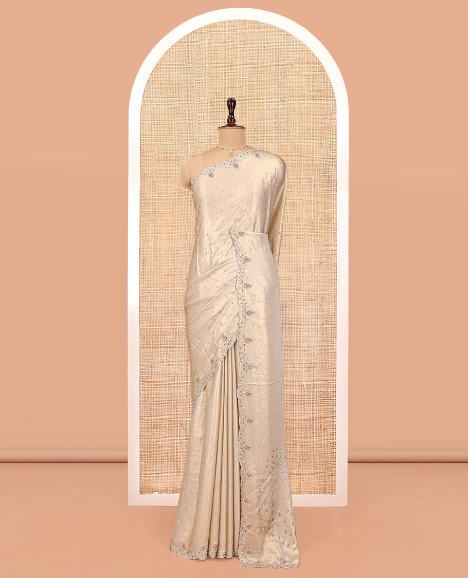 Champagne Designer Saree, Embellished with Stone Work On Its Body, Scallop Embroidered Border, and Heavy Embroidered Matching Blouse