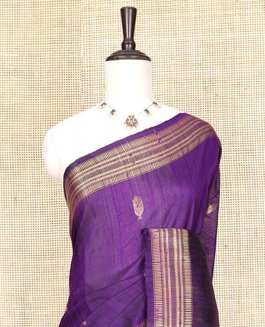 Violet Dupion Silk Saree Accentuated with Buttas All Over Its Body, Highlighted by a Self-Border of Geometric Patterns, Pallu Steeped with Stripes, and Paired with a Matching Blouse