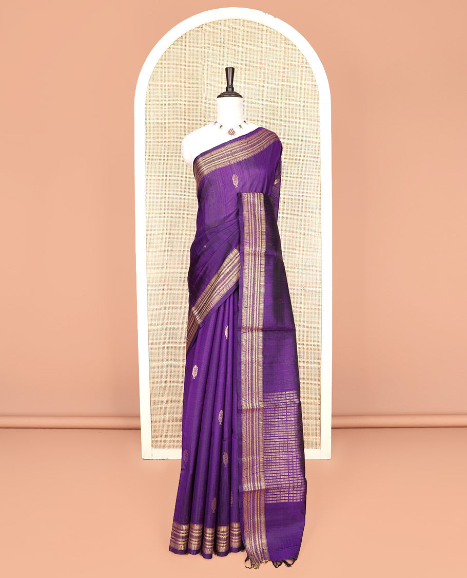 Violet Dupion Silk Saree Accentuated with Buttas All Over Its Body, Highlighted by a Self-Border of Geometric Patterns, Pallu Steeped with Stripes, and Paired with a Matching Blouse