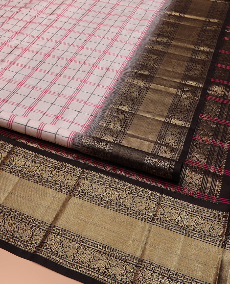 Off-White Kanchipuram Silk Saree Decked Up with Checks on Its Body, Complemented by a Contrast Border of Muthu and Mayil Designs, Majestically Detailed Pallu of Jaal Designs, and Paired with a Contrast Blouse