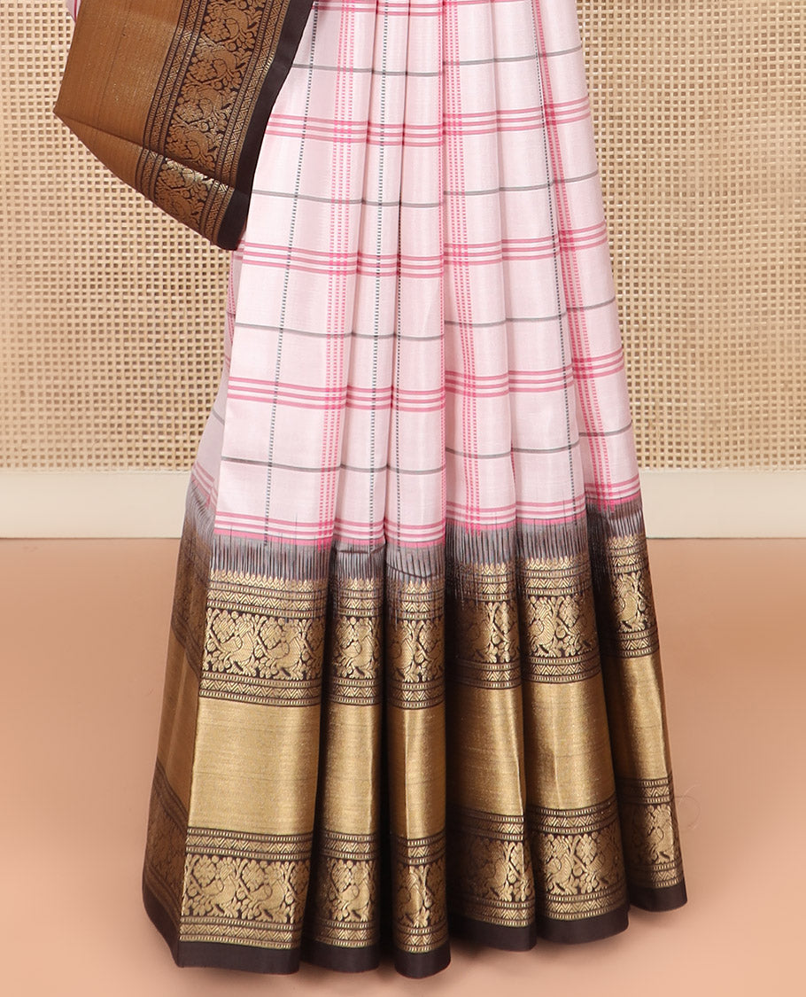 Off-White Kanchipuram Silk Saree Decked Up with Checks on Its Body, Complemented by a Contrast Border of Muthu and Mayil Designs, Majestically Detailed Pallu of Jaal Designs, and Paired with a Contrast Blouse