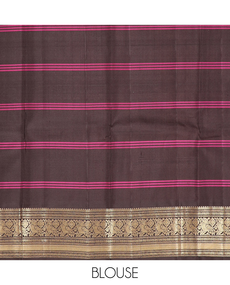 Off-White Kanchipuram Silk Saree Decked Up with Checks on Its Body, Complemented by a Contrast Border of Muthu and Mayil Designs, Majestically Detailed Pallu of Jaal Designs, and Paired with a Contrast Blouse
