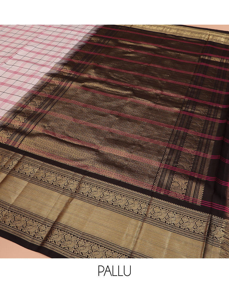 Off-White Kanchipuram Silk Saree Decked Up with Checks on Its Body, Complemented by a Contrast Border of Muthu and Mayil Designs, Majestically Detailed Pallu of Jaal Designs, and Paired with a Contrast Blouse