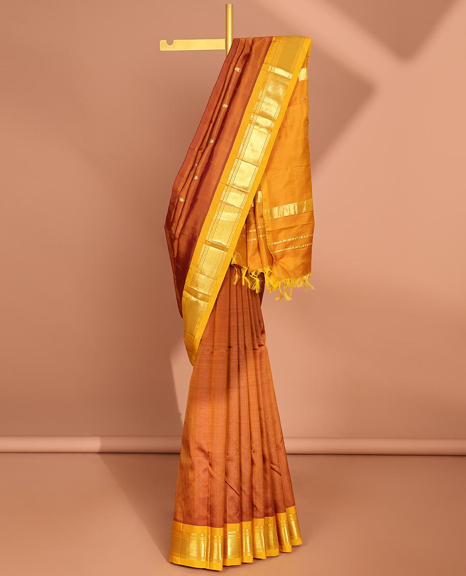 Brown floral buttas kancheepuram silk saree with contrast border of sombu,banaras, jaal design & zari design pallu