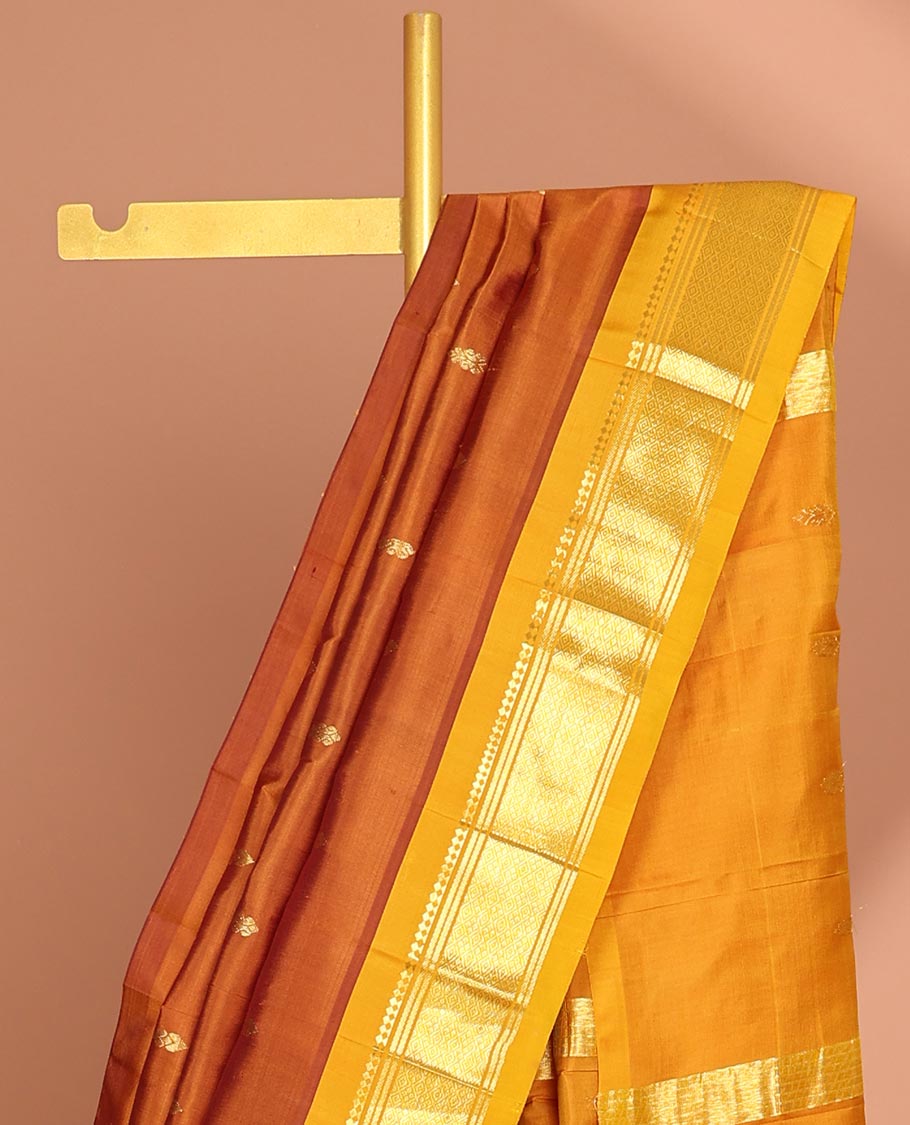Brown floral buttas kancheepuram silk saree with contrast border of sombu,banaras, jaal design & zari design pallu