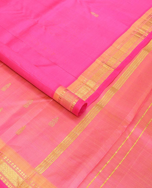 Pink buttas kancheepuram silk saree with contrast border of rekku, checked design & zari design pallu