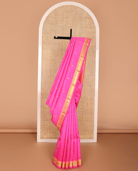 Pink buttas kancheepuram silk saree with contrast border of rekku, checked design & zari design pallu