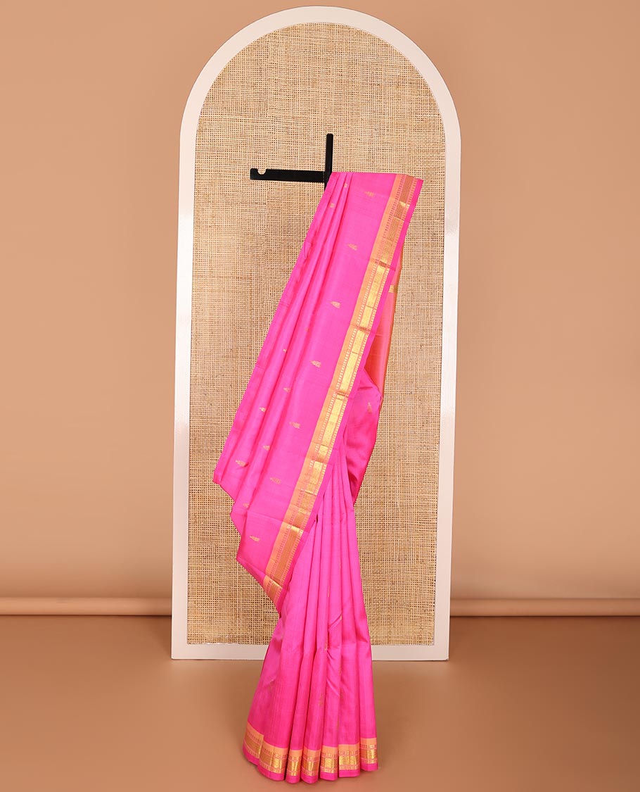 Pink buttas kancheepuram silk saree with contrast border of rekku, checked design & zari design pallu
