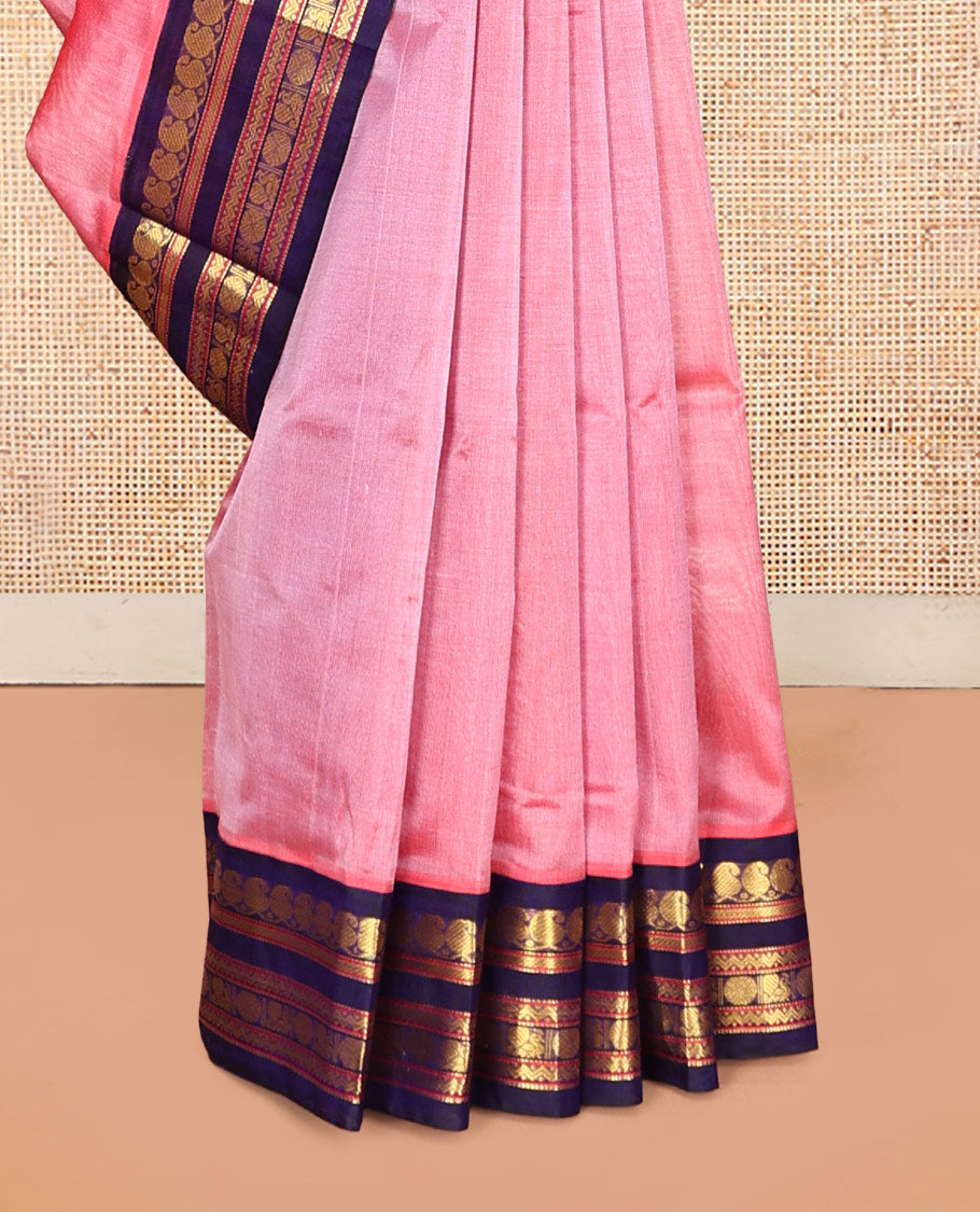 Pink Plain Kuppadam Silk Saree, a Contrast Traditional Zari Border, Grand Pallu, a Contrast Blouse