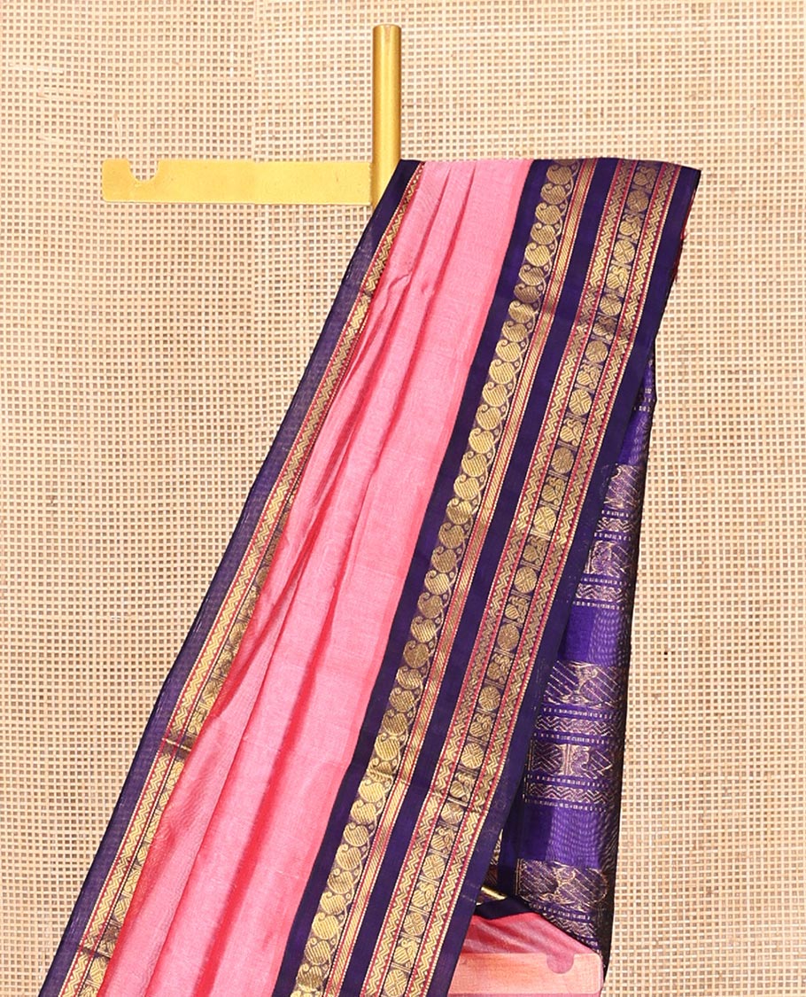 Pink Plain Kuppadam Silk Saree, a Contrast Traditional Zari Border, Grand Pallu, a Contrast Blouse