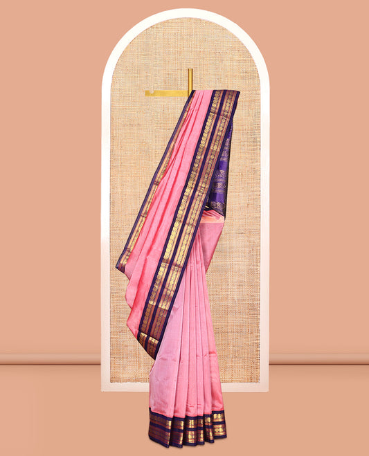 Pink Plain Kuppadam Silk Saree, a Contrast Traditional Zari Border, Grand Pallu, a Contrast Blouse