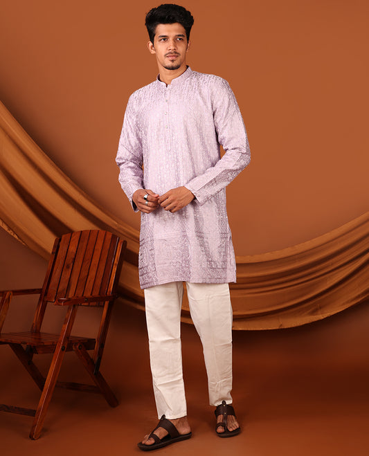 Light Lavender Mughal-Themed Thread Embroidered and Stone Work Full-Sleeved Men's Kurta Set