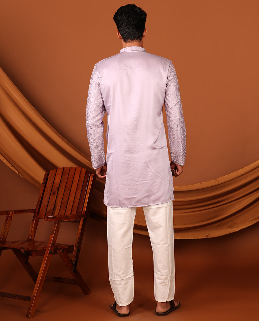 Light Lavender Mughal-Themed Thread Embroidered and Stone Work Full-Sleeved Men's Kurta Set