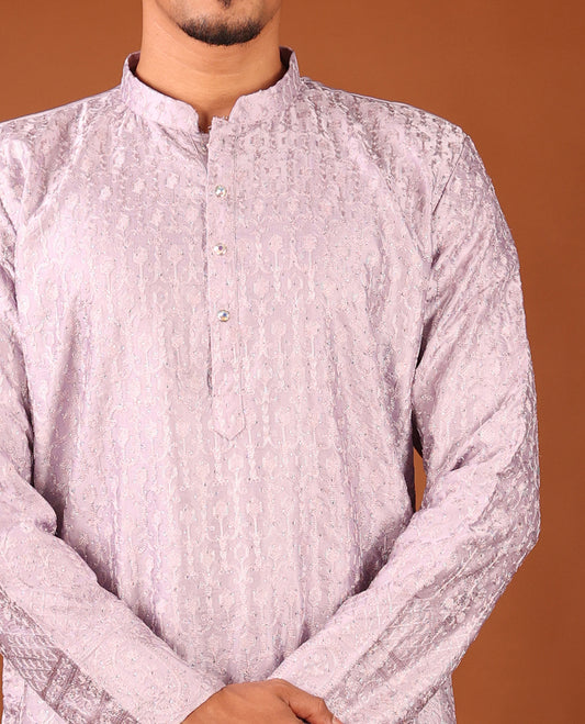 Light Lavender Mughal-Themed Thread Embroidered and Stone Work Full-Sleeved Men's Kurta Set