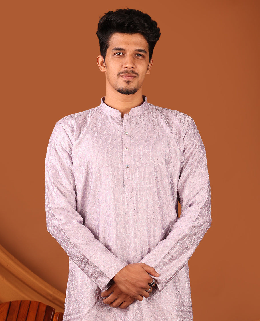 Light Lavender Mughal-Themed Thread Embroidered and Stone Work Full-Sleeved Men's Kurta Set