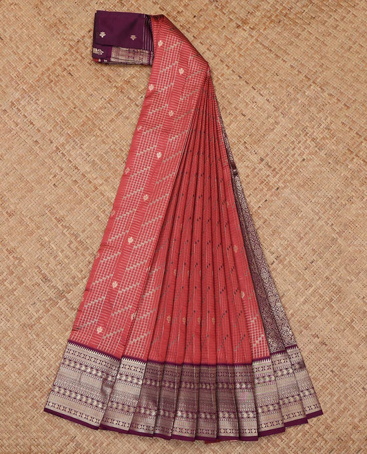Red Litchi Saree, Woven with Zari Buttas and Checks, a Contrast Traditional Zari Design Border, Grand Pallu, and a Contrast Blouse