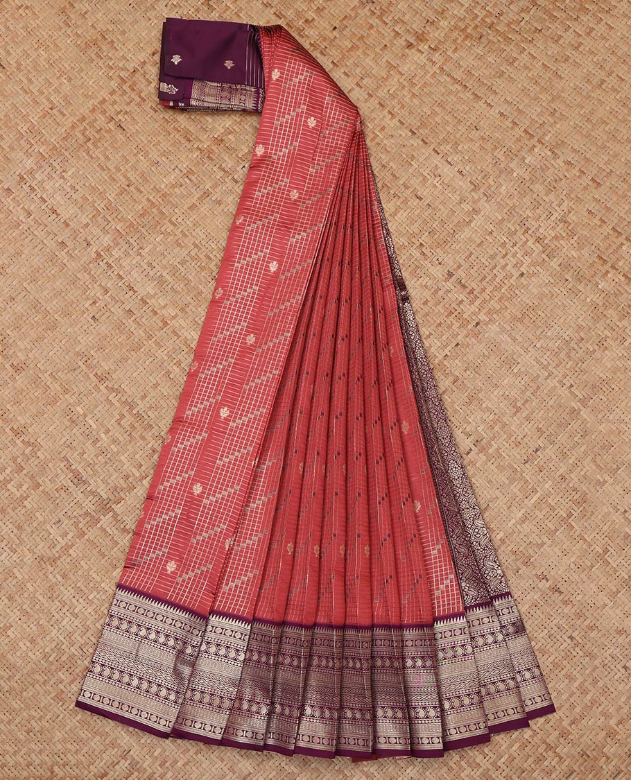 Red Litchi Saree, Woven with Zari Buttas and Checks, a Contrast Traditional Zari Design Border, Grand Pallu, and a Contrast Blouse