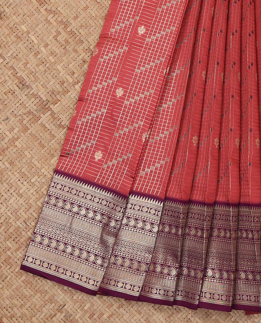 Red Litchi Saree, Woven with Zari Buttas and Checks, a Contrast Traditional Zari Design Border, Grand Pallu, and a Contrast Blouse