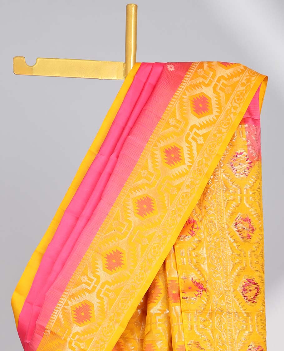 Pink floral buttas soft silk saree with contrast zari border & ogee design pallu