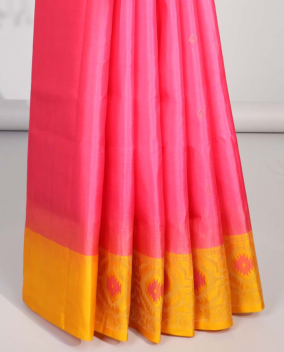 Pink floral buttas soft silk saree with contrast zari border & ogee design pallu