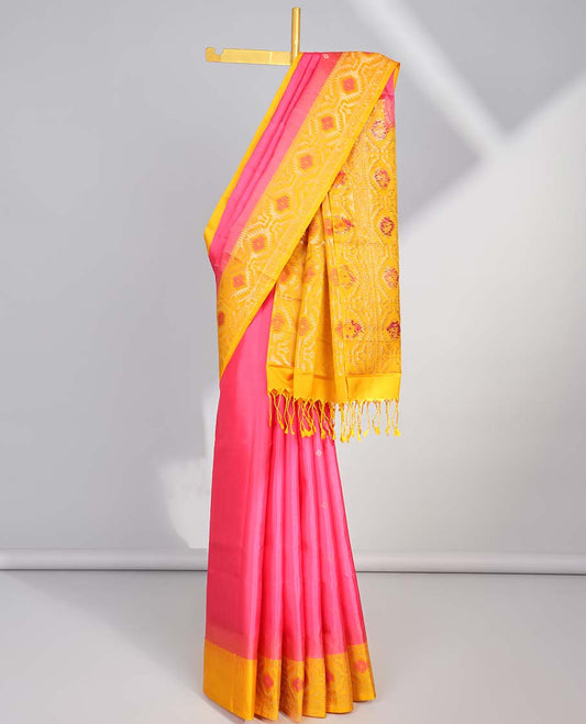 Pink floral buttas soft silk saree with contrast zari border & ogee design pallu
