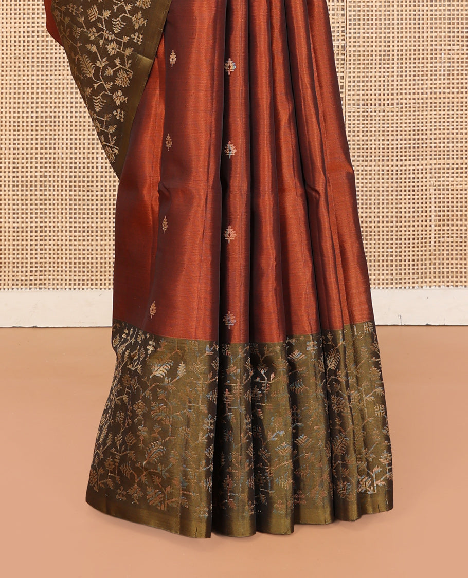 Rust Mayuri Lite Silk Mix Saree, Gleamed Up with Zari Buttas, Complemented by a Contrast Paithani-Style Woven Border, a Grand Pallu, and a Contrast Blouse