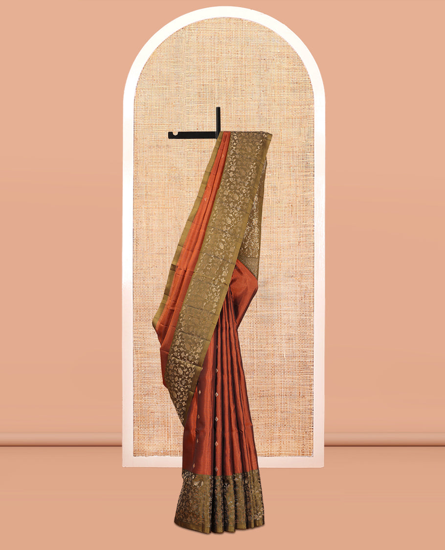 Rust Mayuri Lite Silk Mix Saree, Gleamed Up with Zari Buttas, Complemented by a Contrast Paithani-Style Woven Border, a Grand Pallu, and a Contrast Blouse