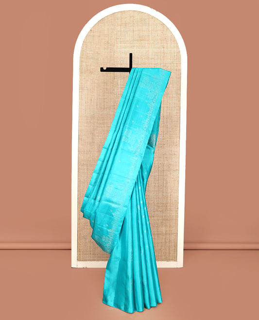 Borderless Blue Mayuri Soft Silk Saree, Sparsely Woven with Buttas All Over Its, Sparsely Woven Pallu, and Paired with a Matching Blouse