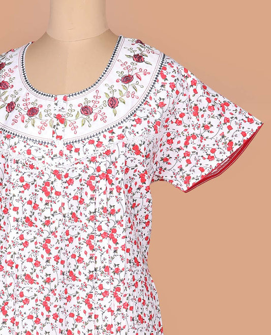 White floral vine printed with neck floral embroidered half-sleeve round neck cotton nighty