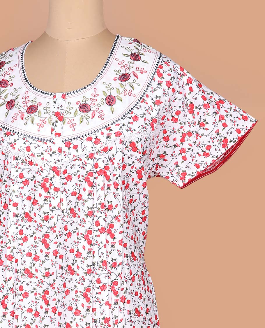 White floral vine printed with neck floral embroidered half-sleeve round neck cotton nighty