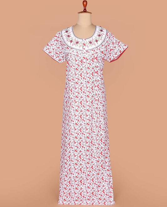 White floral vine printed with neck floral embroidered half-sleeve round neck cotton nighty