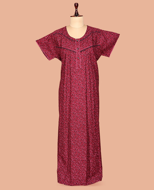 Maroon Floral Cotton-Blended Nighty