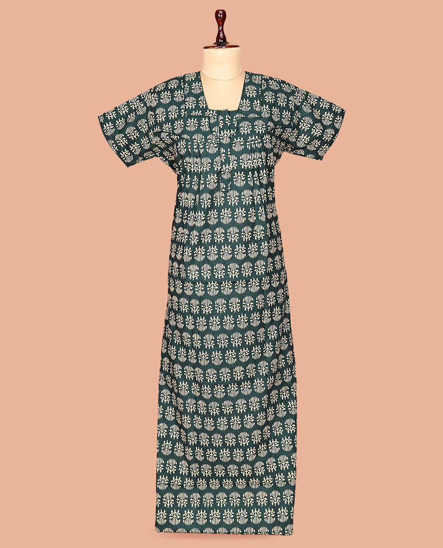 Green Floral Butta Cotton-Blended Nighty