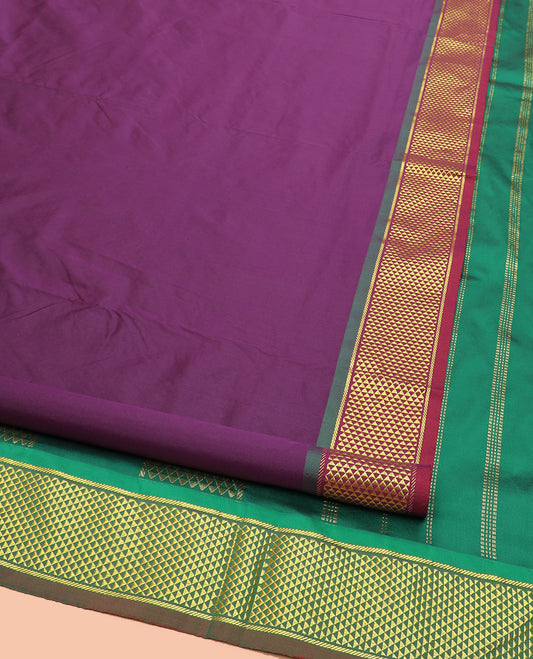 Purple Plain Ten-Yard Art Silk Saree, Complemented by a Contrast Traditional Ara Maadam Border, and Pallu Elevated with Traditional Ara Maadam and Zari Designs