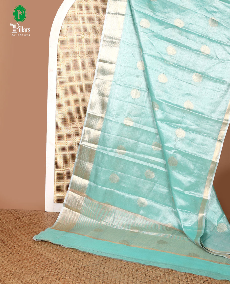 Sea green zari butta design banaras tissue silk saree with almond zari jacquard border & chit pallu along with running blouse