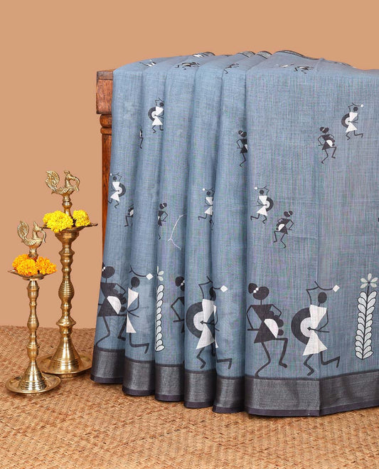 Grey warli  printed linen saree with zari warli printed border & printed pallu along with butta design blouse