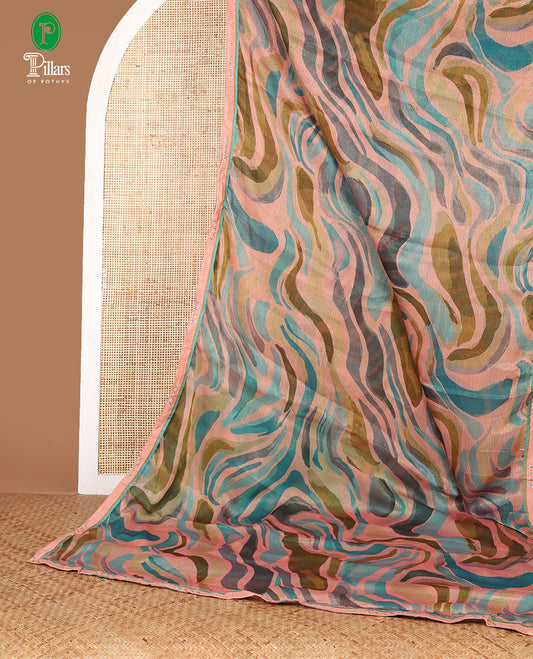 Blue digital print chiffon shimmer saree with lace border & self pallu along with printed blouse