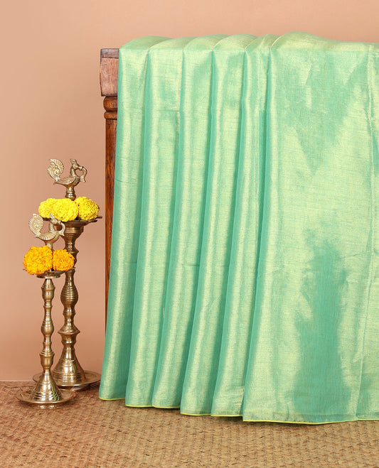 Borderless parrot green full-plain design tissue saree, self-pallu with tassels & matching plain blouse