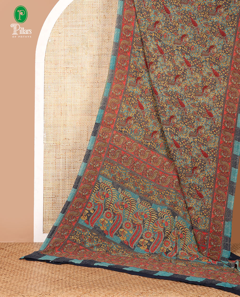 Blue intricate floral & bird printed kimaya saree, peacock printed border, printed pallu & contrast printed blouse