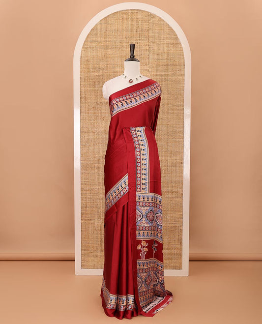 Maroon plain design modal satin saree, Ajrakh printed border, floral-Ajrakh printed pallu & Ajrakh printed blouse