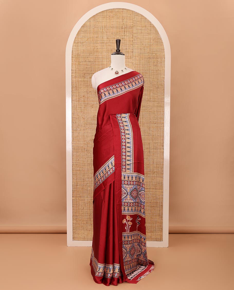Maroon plain design modal satin saree, Ajrakh printed border, floral-Ajrakh printed pallu & Ajrakh printed blouse