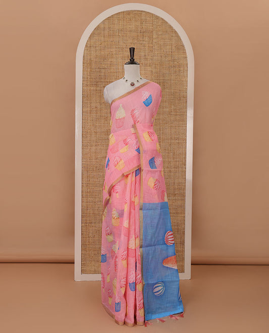 Pink cupcake & Ice Cream motifs printed Linen saree, piping border, contrast Cone Ice Cream motif printed pallu & blue printed blouse