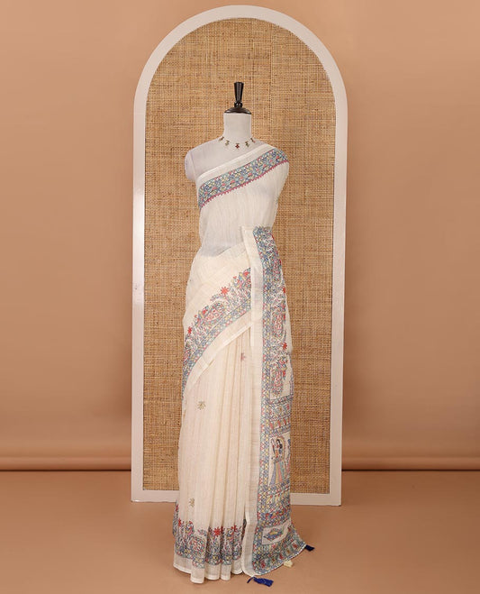 Cream Madhubani-style flower motifs printed linen cotton saree, Madhubani village-theme motifs printed border & pallu & printed blouse