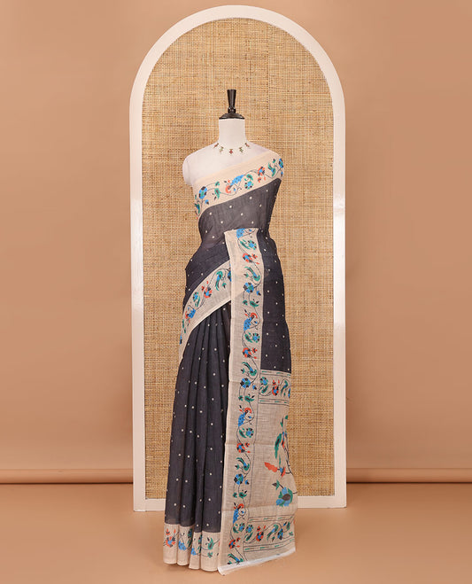 Black small dotted buttas linen cotton saree, contrast border & pallu of paithani-style parrot, peacock, & floral vine designs