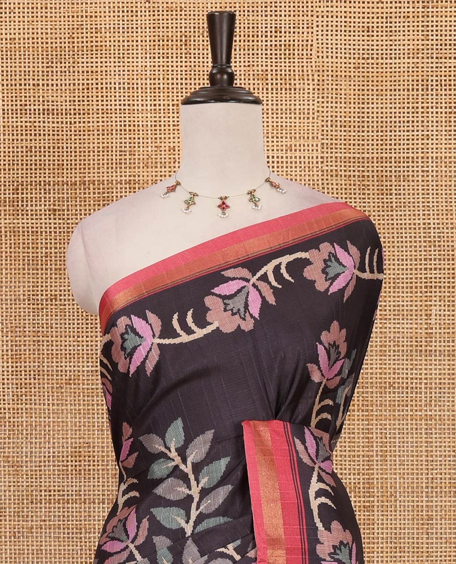 Black jamdani-style floral vine printed katan silk saree, contrast zari border, pallu mirroring the same body design & contrast printed blouse