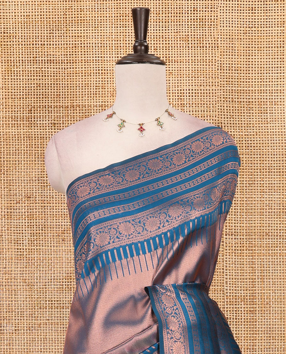 Blue kanchi tissue jacquard saree, traditional zari temple border, zari woven jaal pallu & contrast small buttas blouse