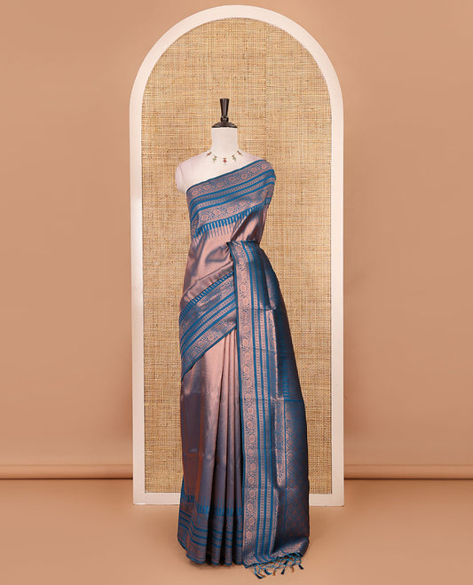 Blue kanchi tissue jacquard saree, traditional zari temple border, zari woven jaal pallu & contrast small buttas blouse