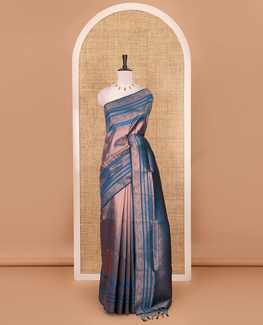 Blue kanchi tissue jacquard saree, traditional zari temple border, zari woven jaal pallu & contrast small buttas blouse