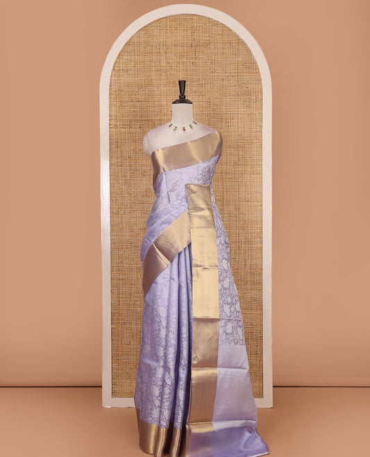 Lavender floral jaal design tissue saree, bavanji golden zari border, plain pallu & matching zari border blouse