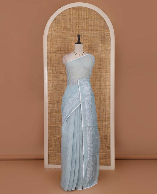 Blue diamond patterns white resham thread embroidered mercerised cotton saree, lace border, and matching plain blouse